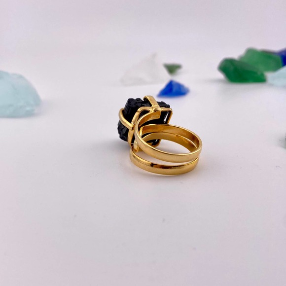 Natural Raw Black Tourmaline 18k Gold Plated Adjustable Ring - Picture 5 of 10